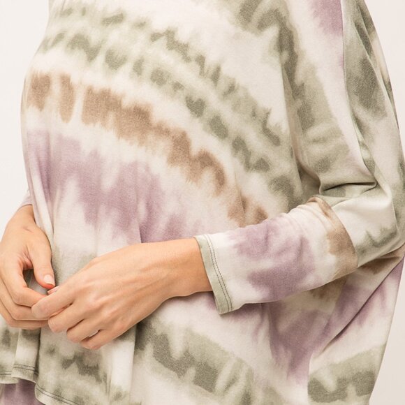 MYSTREE Olive & Lavender Tie Dye Oversized Top, Soft Lightweight Knit Batwing - Picture 7 of 7